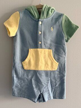Ralph Lauren Pastel Color Blocked Fleece Hooded Shortall Romper EUC 9M